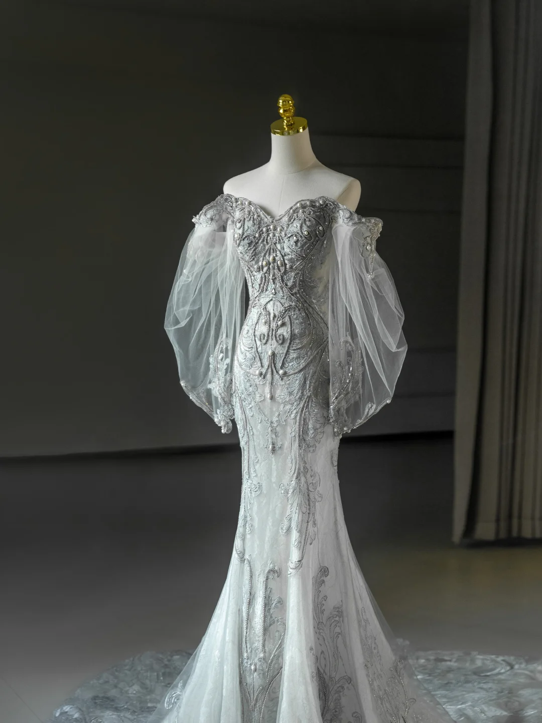 Princess Bridal Dress Mermaid Off The Shoulder Lace Tulle Long Sleeves Wedding Dress With Long Sleeves Wedding Dresses Modest Wedding Gowns DH2065