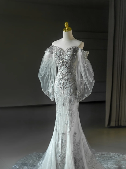 Princess Bridal Dress Mermaid Off The Shoulder Lace Tulle Long Sleeves Wedding Dress With Long Sleeves Wedding Dresses Modest Wedding Gowns DH2065