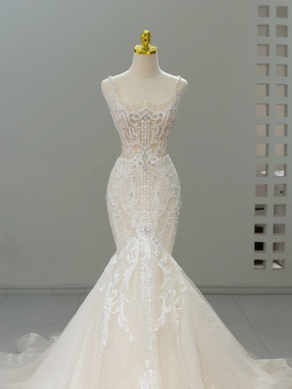 Dreamy Wedding Gown Bridal Dress Mermaid Square Neck Lace Tulle Wedding Dress Long Sleeves Wedding Dresses Modest Wedding Gowns DH2067