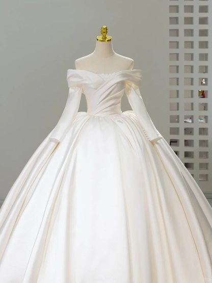 Unique Wedding Dress Ball Gown Off The Shoulder Satin Long Sleeves Wedding Dresses Bridal Gowns DH2068