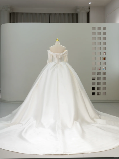 Unique Wedding Dress Ball Gown Off The Shoulder Satin Long Sleeves Wedding Dresses Bridal Gowns DH2068