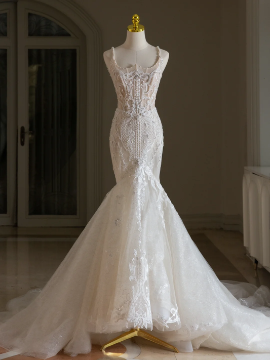 Classic Wedding Gown Bridal Dress Mermaid Square Neck Lace Tulle Wedding Dress Long Wedding Dresses Modest Wedding Gowns DH2072