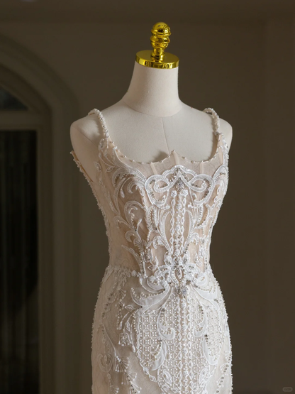 Classic Wedding Gown Bridal Dress Mermaid Square Neck Lace Tulle Wedding Dress Long Wedding Dresses Modest Wedding Gowns DH2072