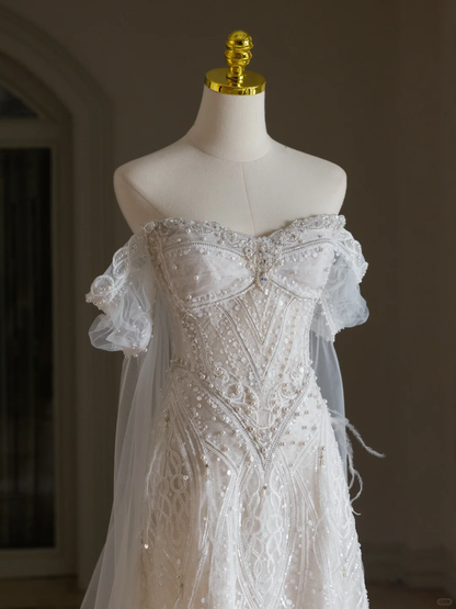 Unique Wedding Dress A Line Off The Shoulder Sequin Short Sleeves 70s Wedding Dresses Bridal Gowns DH2073