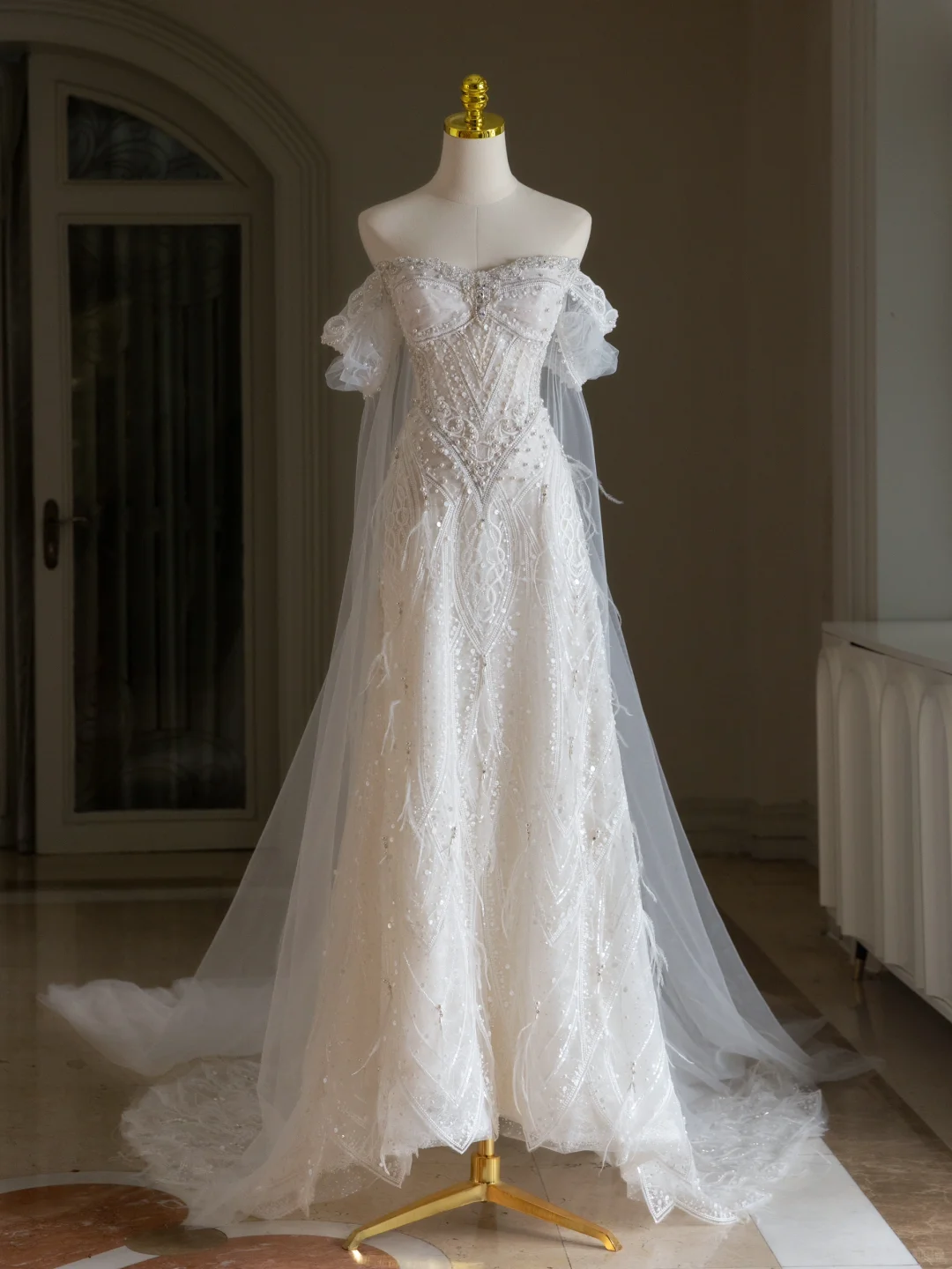 Unique Wedding Dress A Line Off The Shoulder Sequin Short Sleeves 70s Wedding Dresses Bridal Gowns DH2073