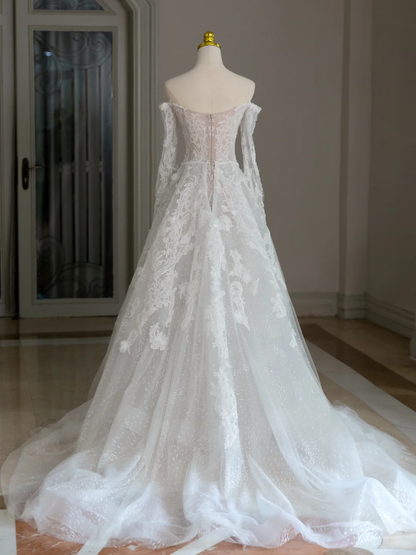 Unique Wedding Dress A Line Off The Shoulder Lace Long Sleeves 70s Wedding Dresses Bridal Gowns DH2077