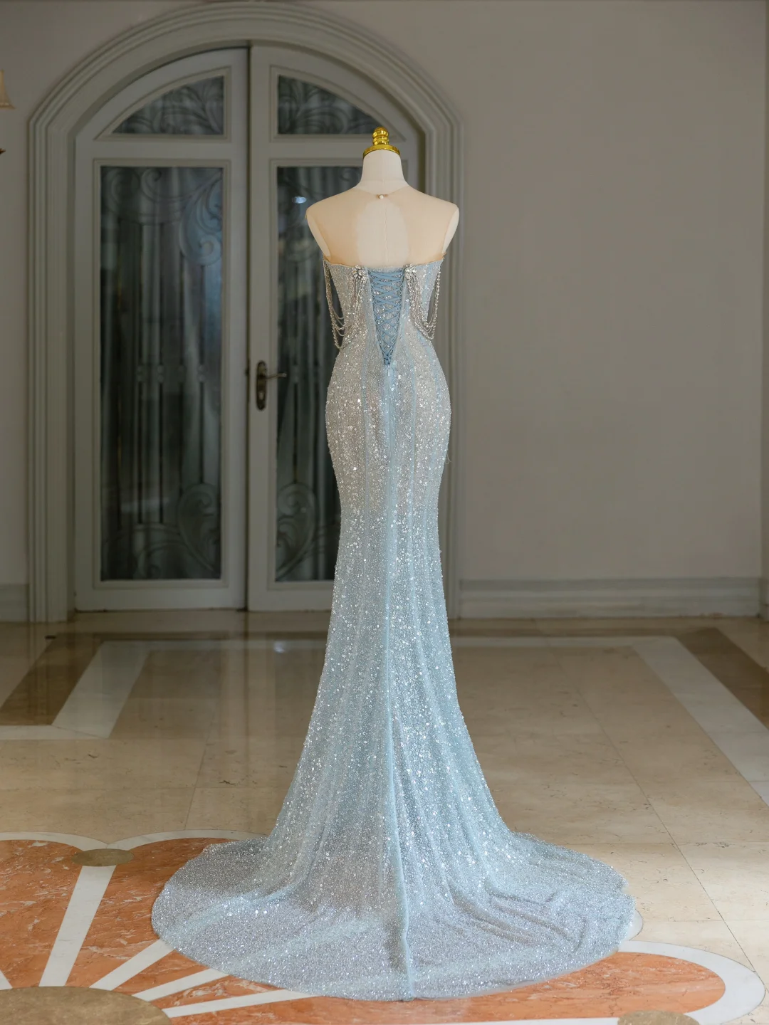 Sexy Mermaid Scoop Neck Light Blue Sequin Long Prom Dresses Party Dress 20th Birthday Outfits Graduation Dresses DH2078