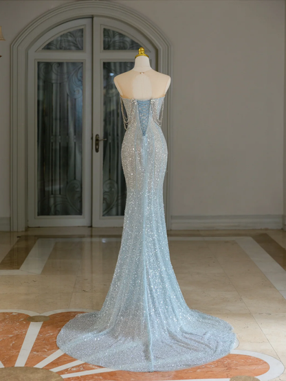 Sexy Mermaid Scoop Neck Light Blue Sequin Long Prom Dresses Party Dress 20th Birthday Outfits Graduation Dresses DH2078