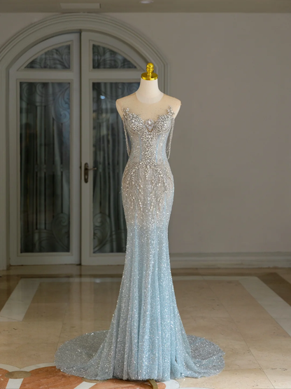 Sexy Mermaid Scoop Neck Light Blue Sequin Long Prom Dresses Party Dress 20th Birthday Outfits Graduation Dresses DH2078
