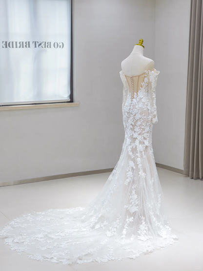 Unique Wedding Dress Mermaid Off The Shoulder Lace Long Sleeves 70s Wedding Dresses Bridal Gowns DH2080