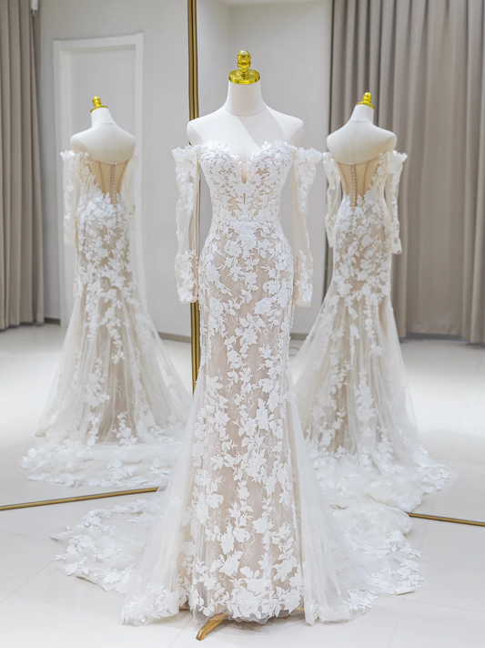 Unique Wedding Dress Mermaid Off The Shoulder Lace Long Sleeves 70s Wedding Dresses Bridal Gowns DH2080