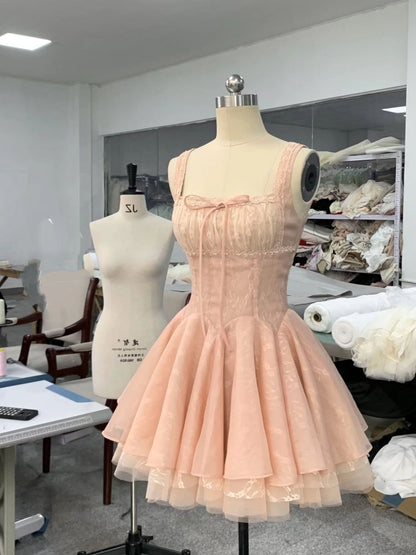 Cute Ball Gown Square Neck Lace Pink Short Mini Formal 8th Grade Homecoming Dresses Middle School Short Cocktail Dress Hoco Outfits DH2083