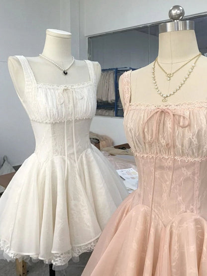 Cute Ball Gown Square Neck Lace Pink Short Mini Formal 8th Grade Homecoming Dresses Middle School Short Cocktail Dress Hoco Outfits DH2083