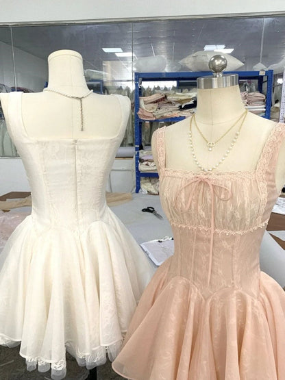 Cute Ball Gown Square Neck Lace Pink Short Mini Formal 8th Grade Homecoming Dresses Middle School Short Cocktail Dress Hoco Outfits DH2083