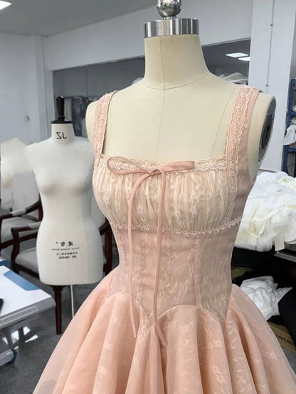 Cute Ball Gown Square Neck Lace Pink Short Mini Formal 8th Grade Homecoming Dresses Middle School Short Cocktail Dress Hoco Outfits DH2083