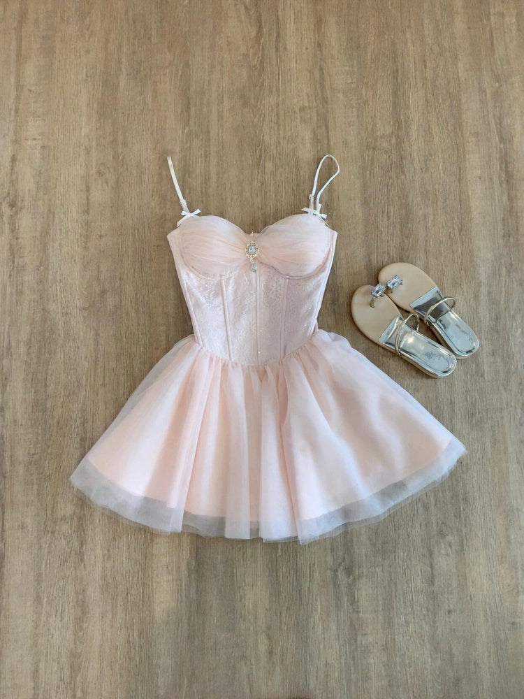 Cute A Line Spaghetti Straps Pink Tulle Formal 8th Grade Homecoming Dresses Middle School Short Birthday Gowns Graduation Dress Hoco Outfits DH2088