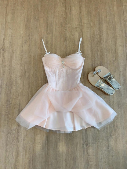 Cute A Line Spaghetti Straps Pink Tulle Formal 8th Grade Homecoming Dresses Middle School Short Birthday Gowns Graduation Dress Hoco Outfits DH2088