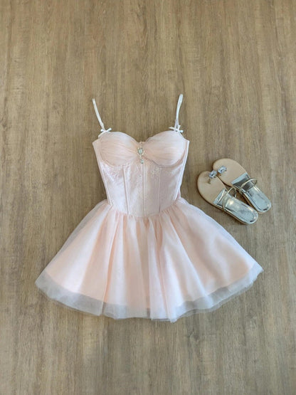 Cute A Line Spaghetti Straps Pink Tulle Formal 8th Grade Homecoming Dresses Middle School Short Birthday Gowns Graduation Dress Hoco Outfits DH2088
