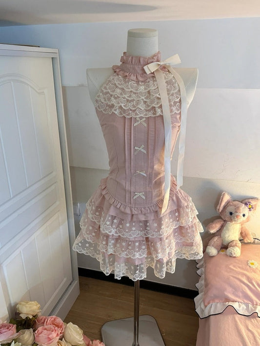 Cute A Line High Neck Pink Satin Lace Formal 8th Grade Homecoming Dresses Middle School Short Cocktail Gowns Graduation Dress Hoco Outfits DH2089