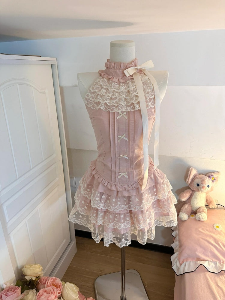 Cute A Line High Neck Pink Satin Lace Formal 8th Grade Homecoming Dresses Middle School Short Cocktail Gowns Graduation Dress Hoco Outfits DH2089