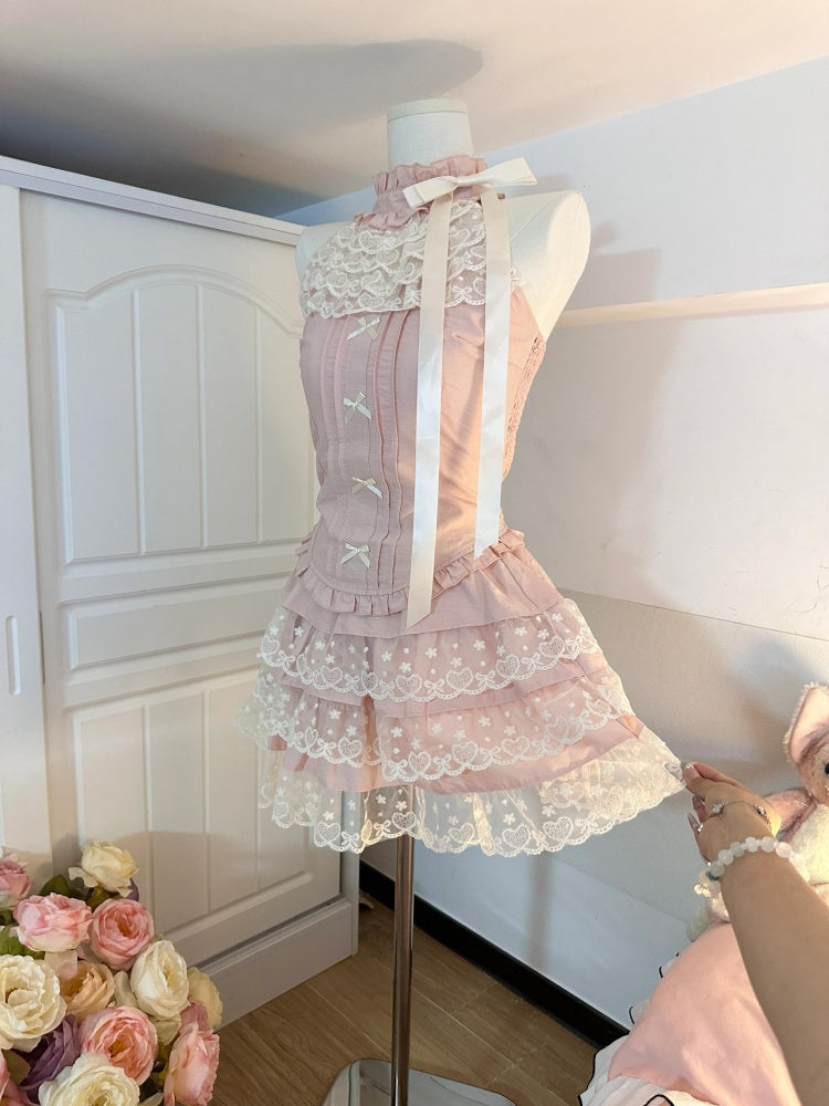 Cute A Line High Neck Pink Satin Lace Formal 8th Grade Homecoming Dresses Middle School Short Cocktail Gowns Graduation Dress Hoco Outfits DH2089