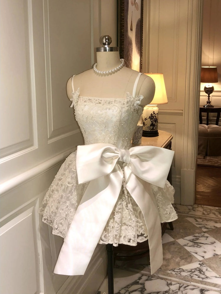 Cute Ball Gown Spaghetti Straps White Lace Formal 8th Grade Homecoming Dresses Middle School Short Cocktail Gowns Graduation Dress Hoco Outfits DH2093