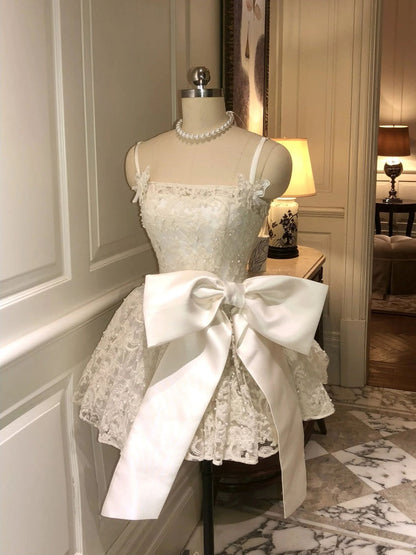 Cute Ball Gown Spaghetti Straps White Lace Formal 8th Grade Homecoming Dresses Middle School Short Cocktail Gowns Graduation Dress Hoco Outfits DH2093