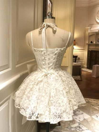 Cute Ball Gown Spaghetti Straps White Lace Formal 8th Grade Homecoming Dresses Middle School Short Cocktail Gowns Graduation Dress Hoco Outfits DH2093