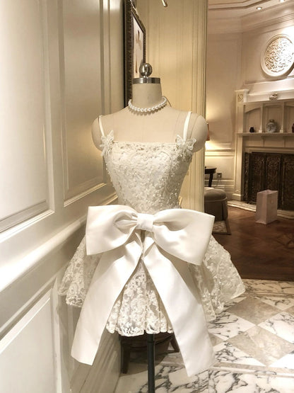 Cute Ball Gown Spaghetti Straps White Lace Formal 8th Grade Homecoming Dresses Middle School Short Cocktail Gowns Graduation Dress Hoco Outfits DH2093