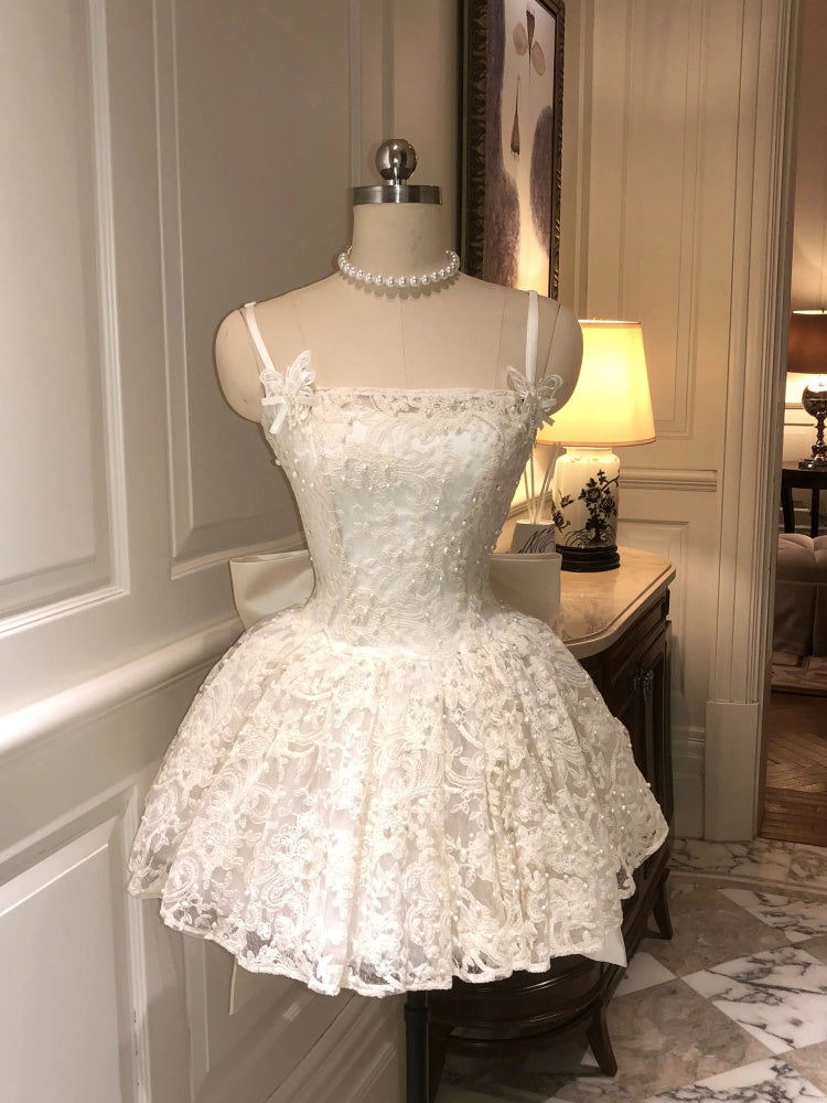 Cute Ball Gown Spaghetti Straps White Lace Formal 8th Grade Homecoming Dresses Middle School Short Cocktail Gowns Graduation Dress Hoco Outfits DH2093