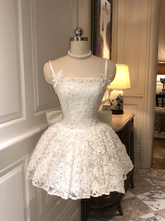 Cute Ball Gown Spaghetti Straps White Lace Formal 8th Grade Homecoming Dresses Middle School Short Cocktail Gowns Graduation Dress Hoco Outfits DH2093