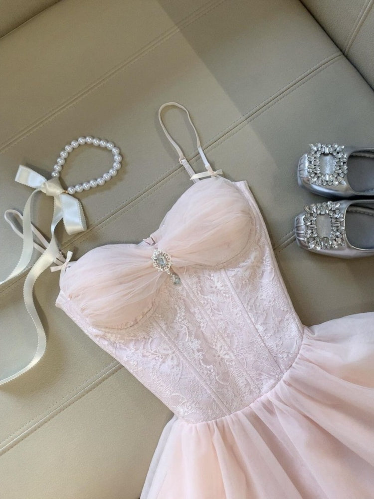 Modest A Line Spaghetti Straps Pink Tulle Formal 8th Grade Homecoming Dresses Middle School Short Birthday Gowns Graduation Dress Hoco Outfits DH2097