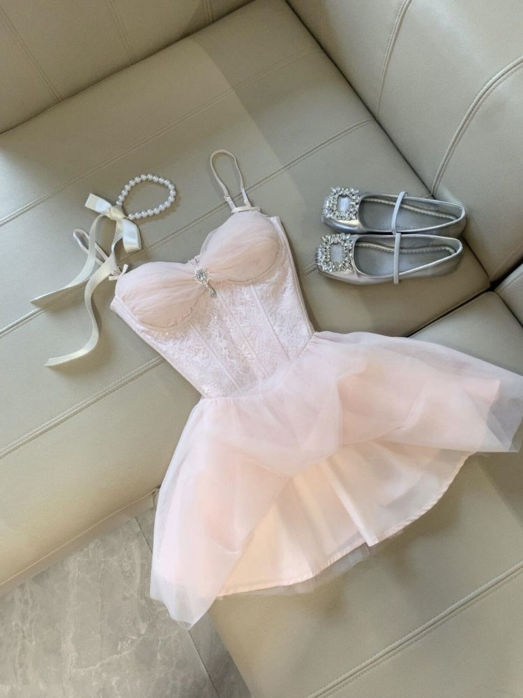 Modest A Line Spaghetti Straps Pink Tulle Formal 8th Grade Homecoming Dresses Middle School Short Birthday Gowns Graduation Dress Hoco Outfits DH2097