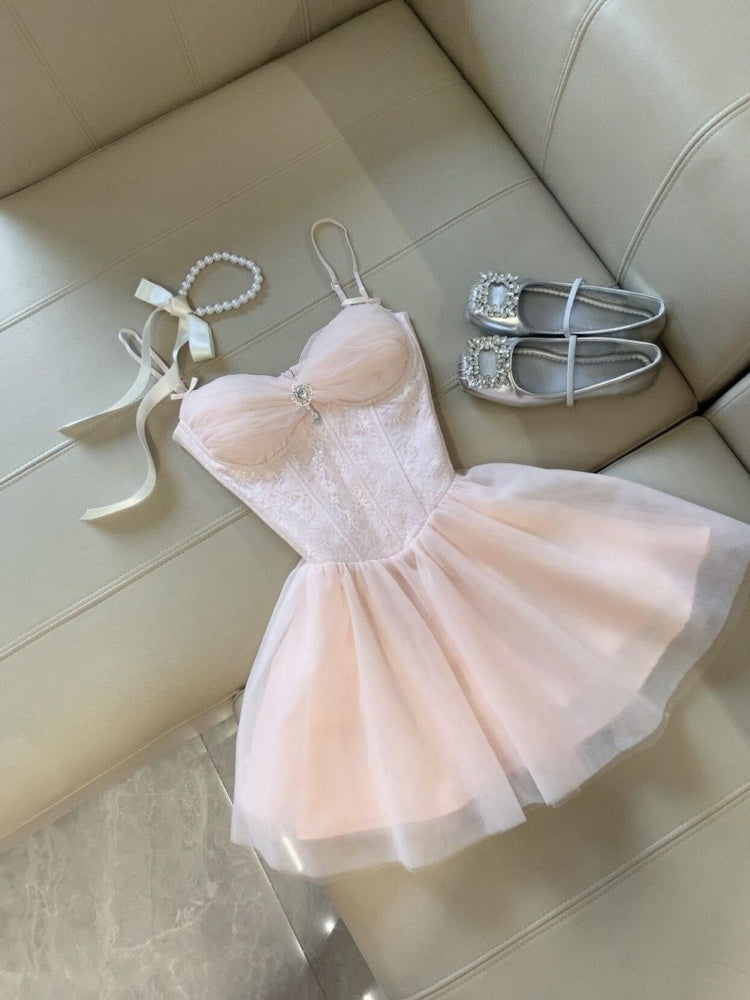 Modest A Line Spaghetti Straps Pink Tulle Formal 8th Grade Homecoming Dresses Middle School Short Birthday Gowns Graduation Dress Hoco Outfits DH2097