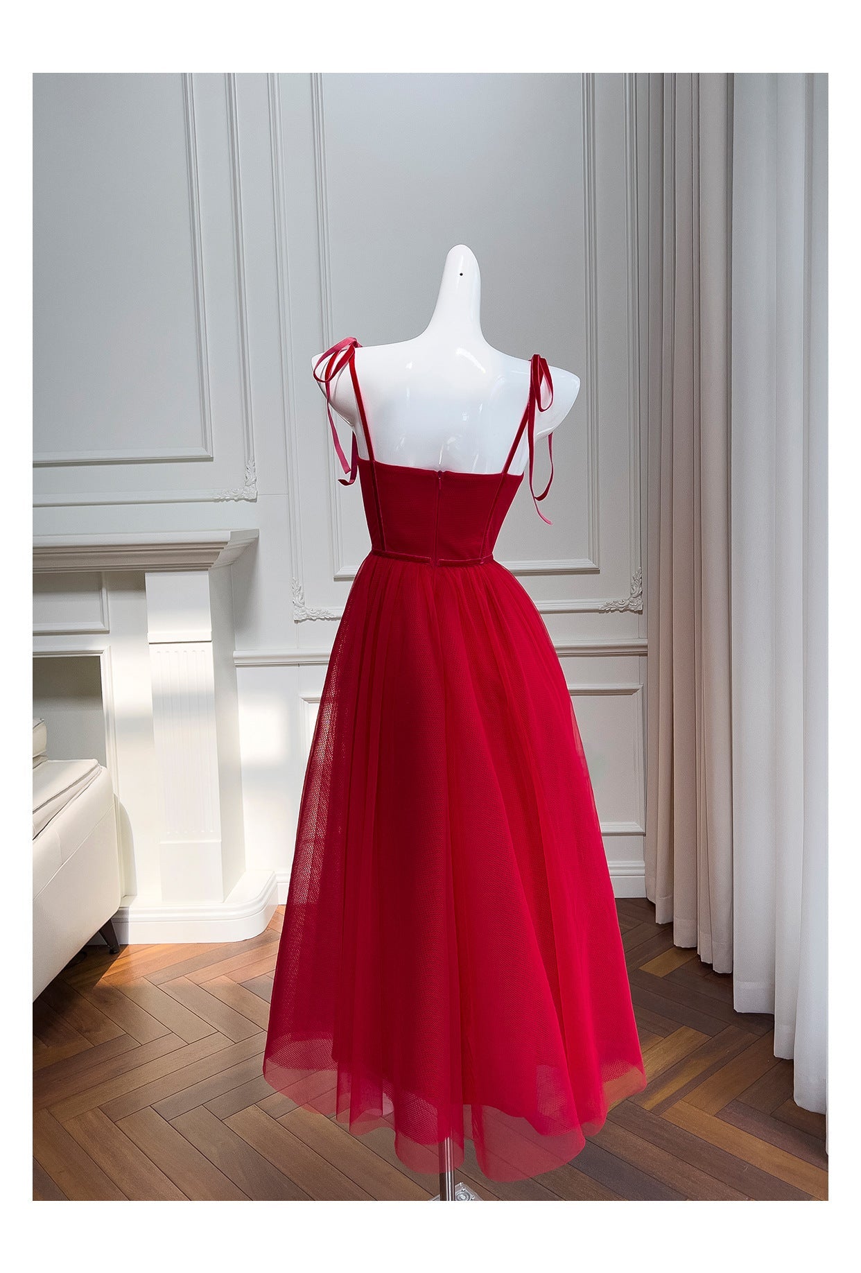 Modest A Line Spaghetti Straps Red Tulle Formal 8th Grade Homecoming Dresses Middle School Tea Length Birthday Gowns Graduation Dress Hoco Outfits DH2103