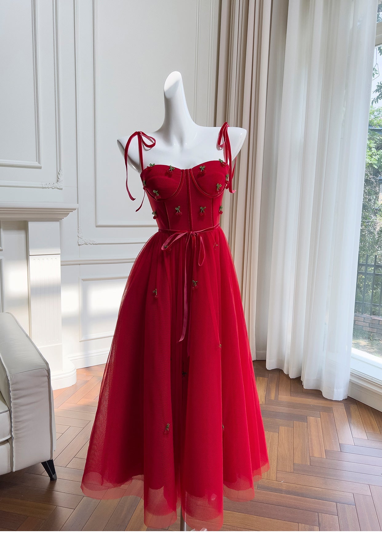 Modest A Line Spaghetti Straps Red Tulle Formal 8th Grade Homecoming Dresses Middle School Tea Length Birthday Gowns Graduation Dress Hoco Outfits DH2103