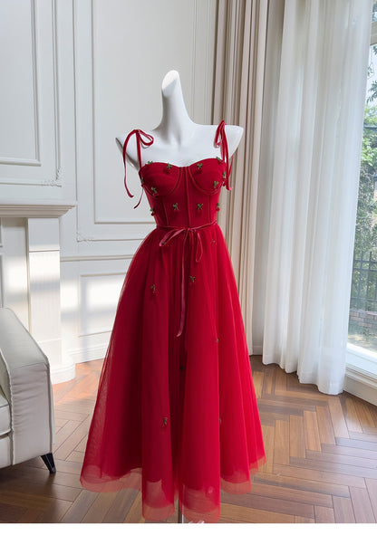 Modest A Line Spaghetti Straps Red Tulle Formal 8th Grade Homecoming Dresses Middle School Tea Length Birthday Gowns Graduation Dress Hoco Outfits DH2103