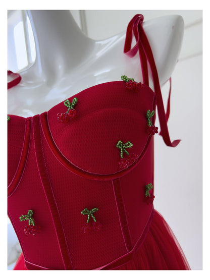 Modest A Line Spaghetti Straps Red Tulle Formal 8th Grade Homecoming Dresses Middle School Tea Length Birthday Gowns Graduation Dress Hoco Outfits DH2103