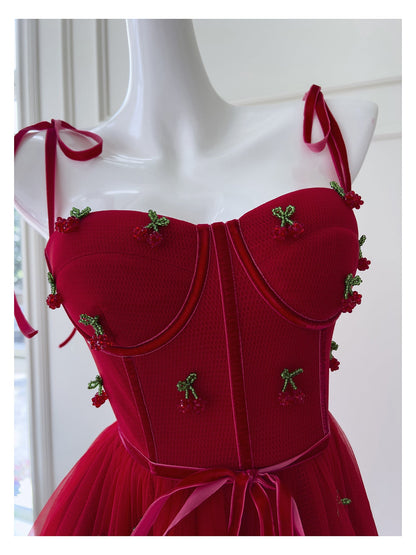 Modest A Line Spaghetti Straps Red Tulle Formal 8th Grade Homecoming Dresses Middle School Tea Length Birthday Gowns Graduation Dress Hoco Outfits DH2103