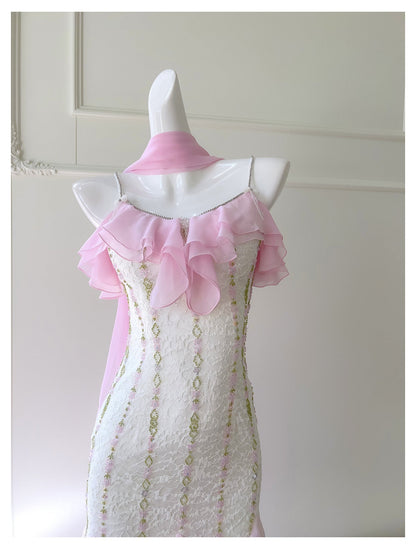 Sexy Mermaid Spaghetti Straps Pink Chiffon Long Prom Dresses Party Dress 20th Birthday Outfits Graduation Dresses DH2116