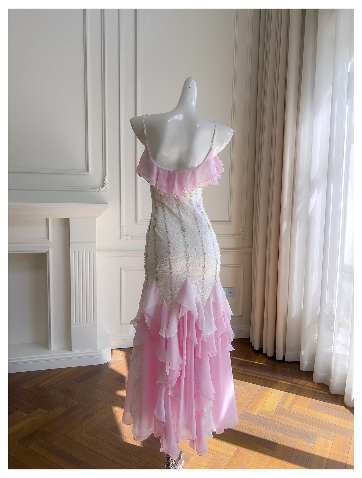 Sexy Mermaid Spaghetti Straps Pink Chiffon Long Prom Dresses Party Dress 20th Birthday Outfits Graduation Dresses DH2116