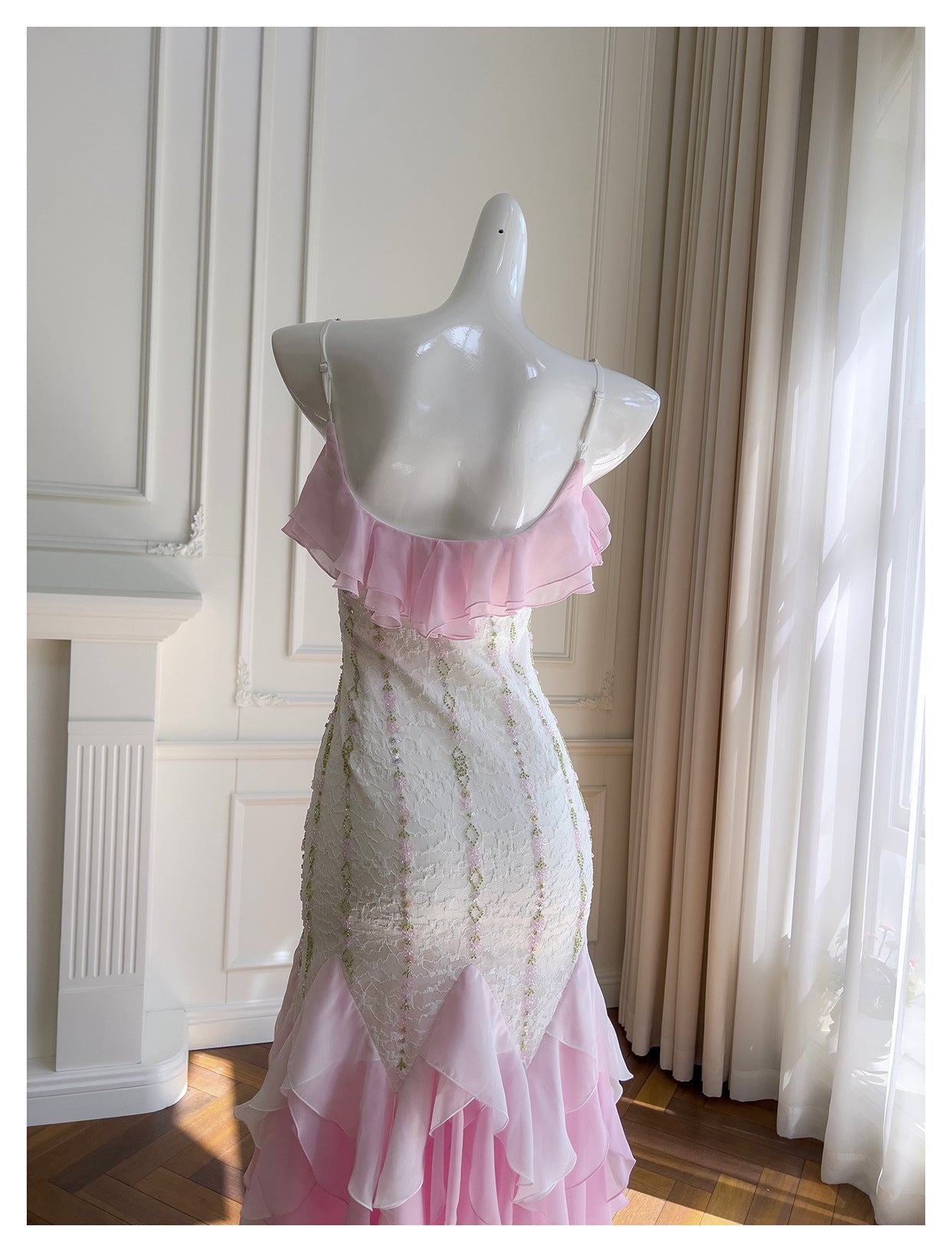 Sexy Mermaid Spaghetti Straps Pink Chiffon Long Prom Dresses Party Dress 20th Birthday Outfits Graduation Dresses DH2116