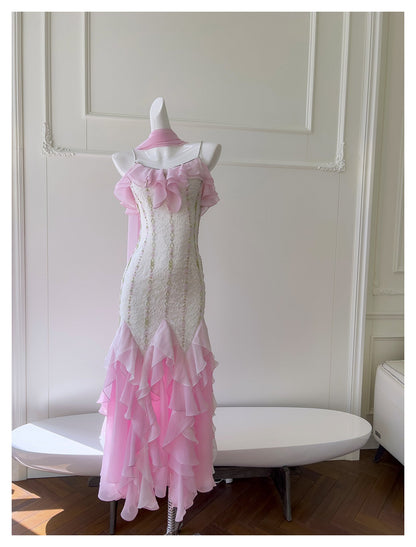 Sexy Mermaid Spaghetti Straps Pink Chiffon Long Prom Dresses Party Dress 20th Birthday Outfits Graduation Dresses DH2116