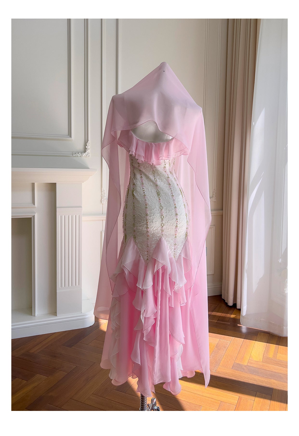 Sexy Mermaid Spaghetti Straps Pink Chiffon Long Prom Dresses Party Dress 20th Birthday Outfits Graduation Dresses DH2116