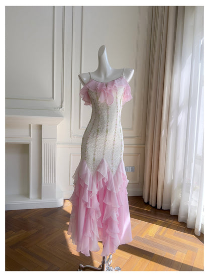 Sexy Mermaid Spaghetti Straps Pink Chiffon Long Prom Dresses Party Dress 20th Birthday Outfits Graduation Dresses DH2116