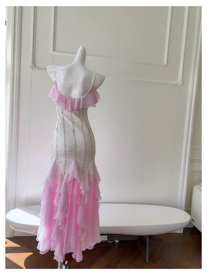 Sexy Mermaid Spaghetti Straps Pink Chiffon Long Prom Dresses Party Dress 20th Birthday Outfits Graduation Dresses DH2116