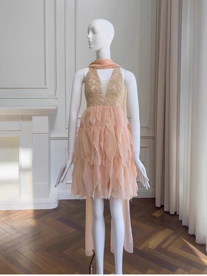 Modest A Line Halter V Neck Blush Pink Chiffon Formal 8th Grade Homecoming Dresses Middle School Short Birthday Gowns Graduation Dress Hoco Outfits DH2117