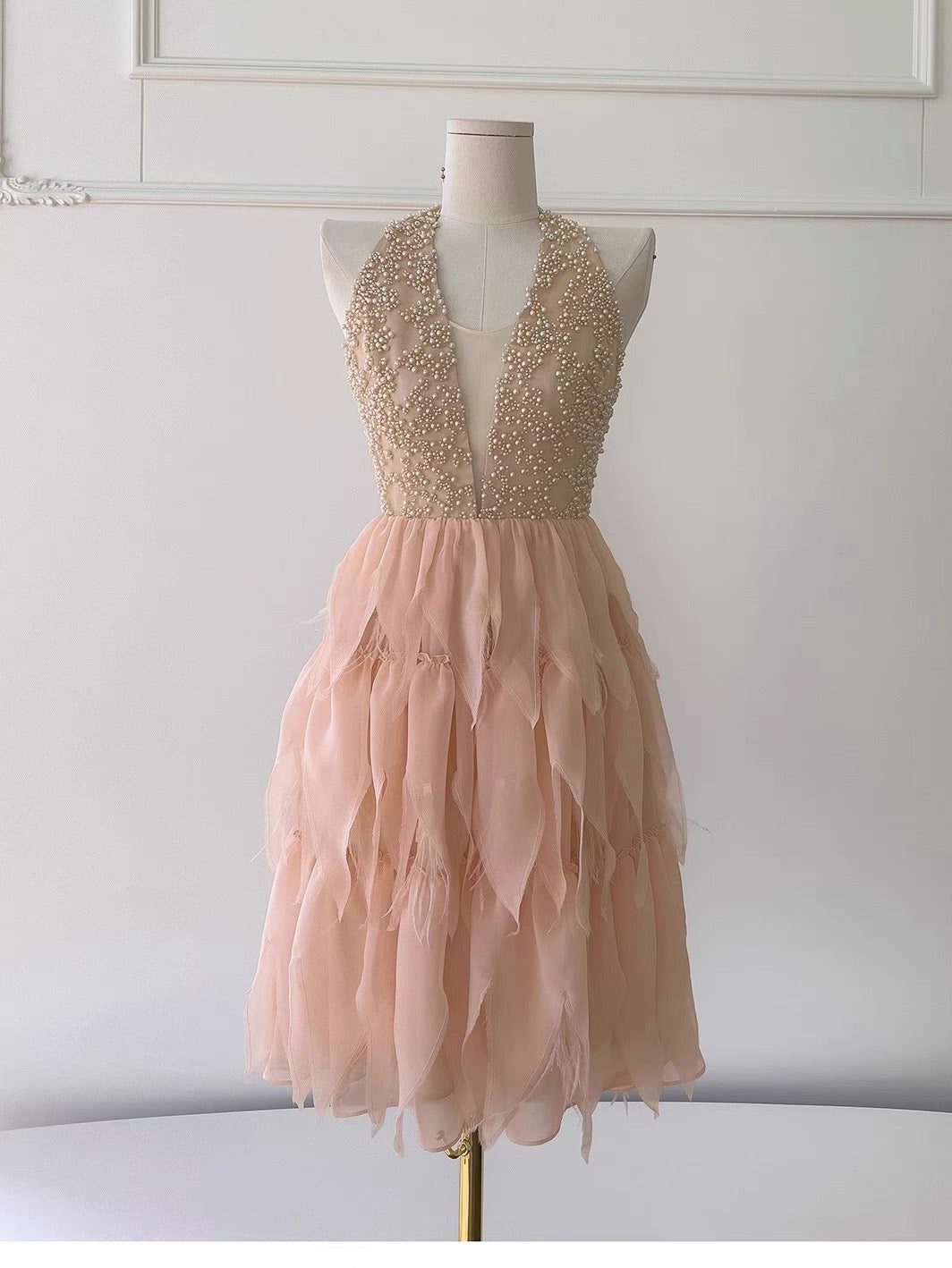 Modest A Line Halter V Neck Blush Pink Chiffon Formal 8th Grade Homecoming Dresses Middle School Short Birthday Gowns Graduation Dress Hoco Outfits DH2117