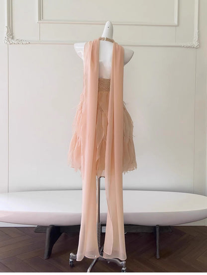 Modest A Line Halter V Neck Blush Pink Chiffon Formal 8th Grade Homecoming Dresses Middle School Short Birthday Gowns Graduation Dress Hoco Outfits DH2117