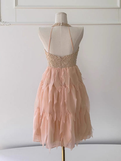 Modest A Line Halter V Neck Blush Pink Chiffon Formal 8th Grade Homecoming Dresses Middle School Short Birthday Gowns Graduation Dress Hoco Outfits DH2117